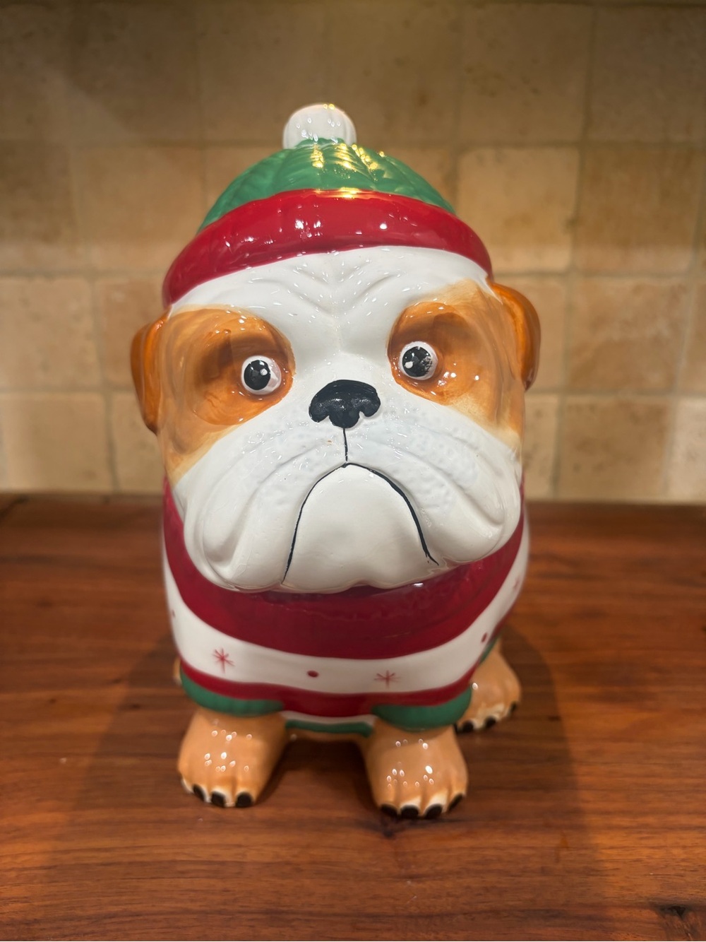 Holiday Bulldog Ceramic Cookie Jar - Red, Green, White